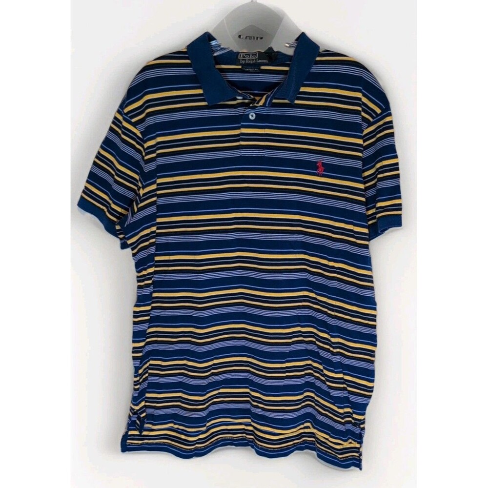 Polo by Ralph Lauren Men's XL Blue Yellow Striped Short Sleeve Cotton Logo Polo